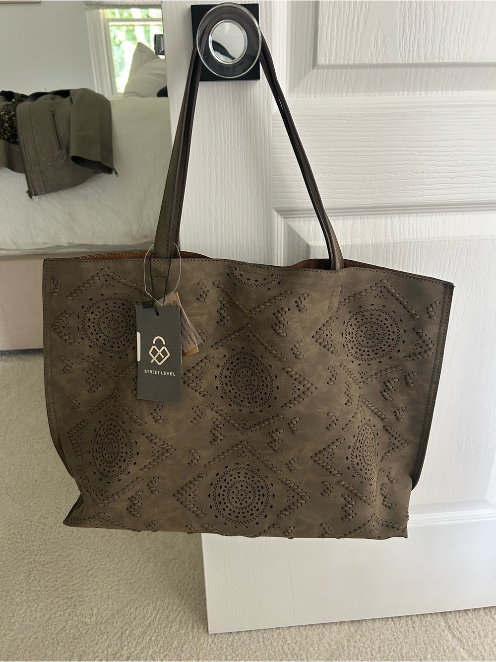 Street Level Taupe Brown Laser-Cut Suede Tote